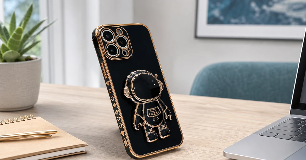 Glossy black phone case with gold-colored edges and an astronaut-shaped stand attachment on a desk.