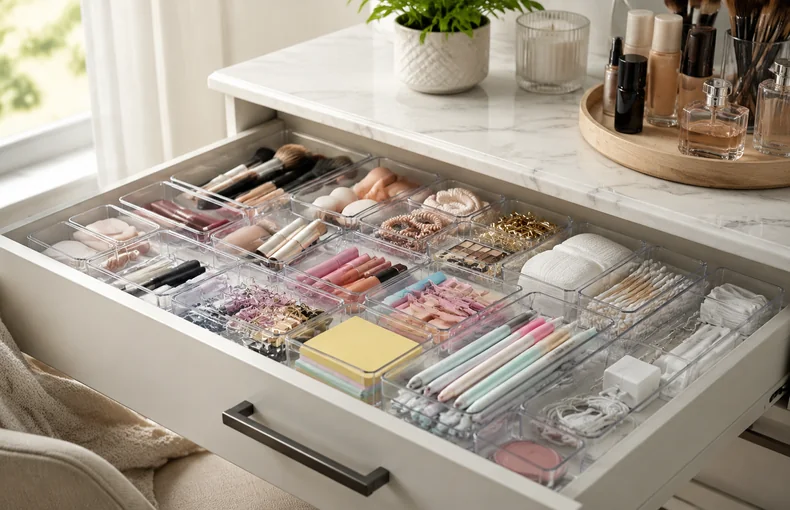 Clear Drawer Organizer Set Guide for Makeup, Office Supplies and Small Bathroom Storage guide image