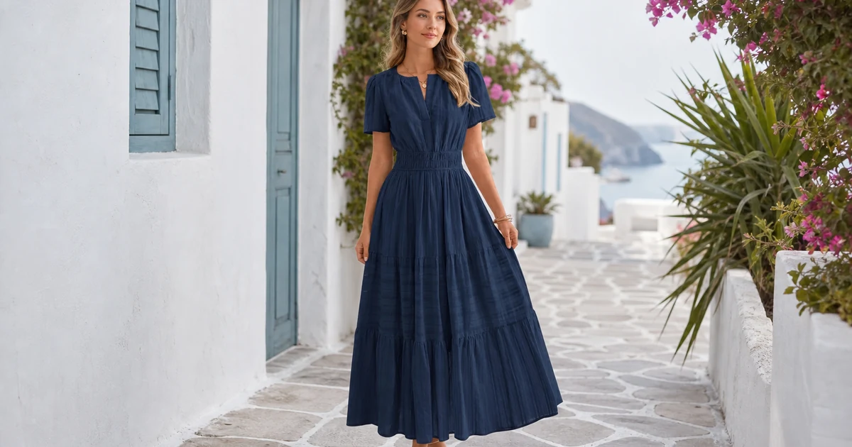 Woman wearing a navy short-sleeve tiered maxi dress with a notched neckline outdoors.