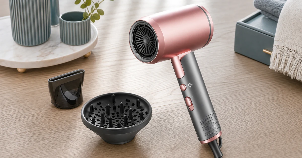 Secador de cabelo dobrável rosa-claro, com cabo escuro, difusor e concentrador, sobre uma penteadeira seca.