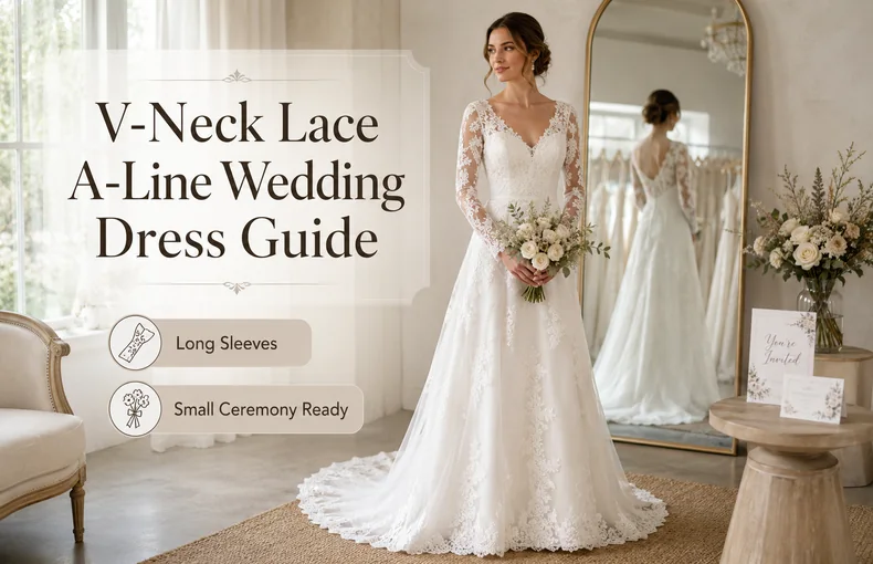 Guida abito da sposa in pizzo a linea A con scollo a V per rito civile e foto guide image
