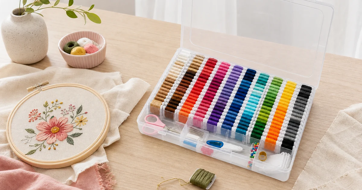 Transparente Stickgarn-Box mit vielen bunten Garnfarben und kleinen Kreuzstich-Zubehörteilen auf einem Basteltisch