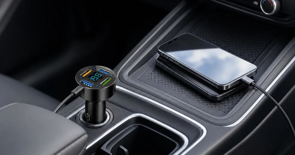 Adaptador USB negro para coche con varios puertos en una consola junto a un teléfono conectado