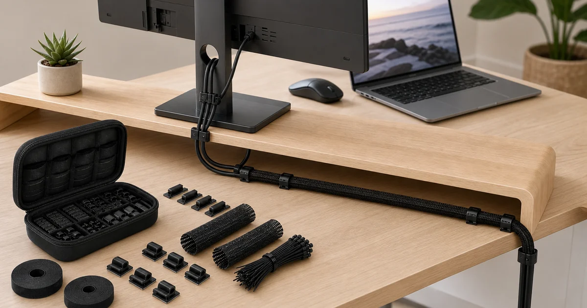 Black 139 piece cable management kit arranged on a desk with sleeves ties clips and storage case