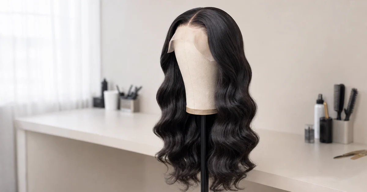 Peluca negra de pelo humano con ondas body wave y frontal de encaje suizo transparente