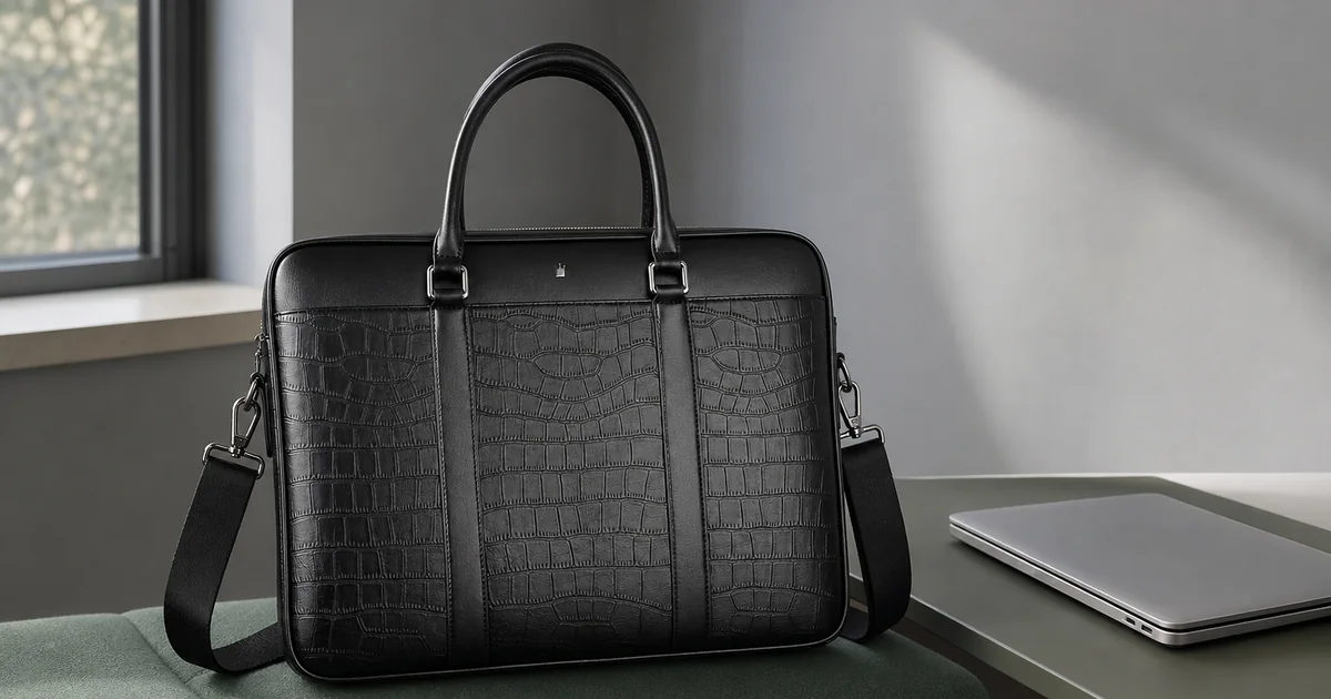 Black textured PU briefcase with top handles and detachable shoulder strap beside a closed laptop on a work desk