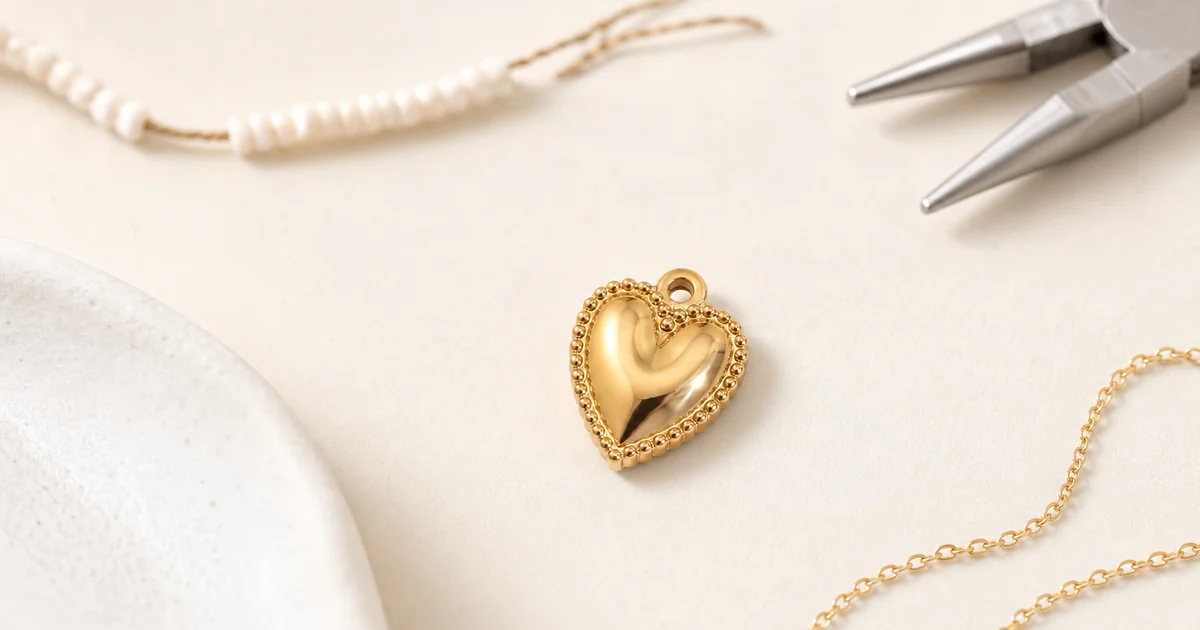 ein einzelner 18K gold plated Herz Charm mit Kette und Biegeringen fuer Schmuckherstellung
