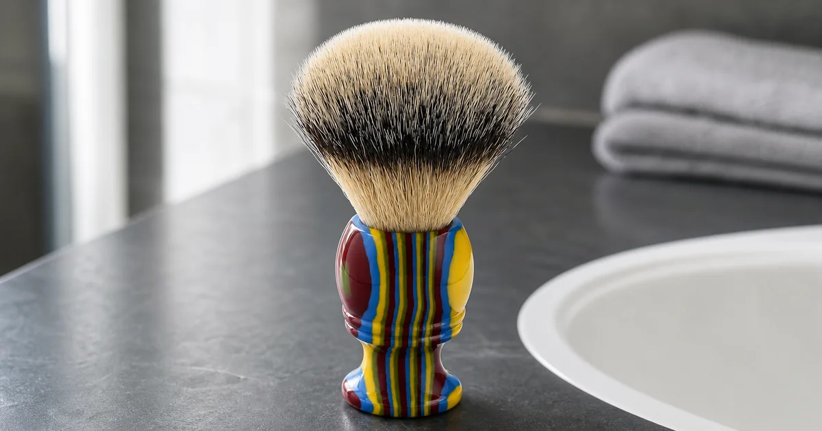 Una sola brocha de afeitar sintética con mango de resina multicolor y nudo de cerdas claras y oscuras sobre un lavabo de baño