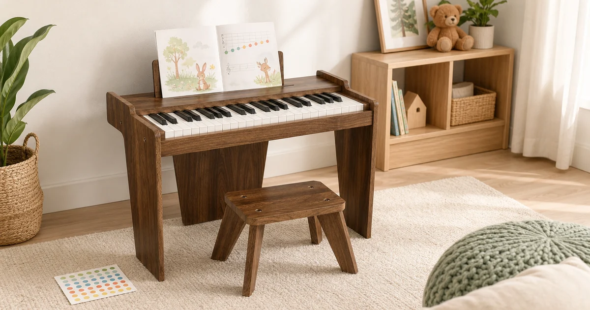 37-Key wooden digital piano mit passendem Hocker in ruhiger Kinder Musik Ecke
