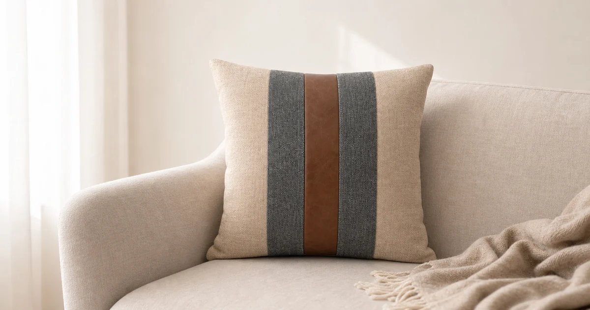 45 x 45 cm striped patchwork pillow cover on a neutral sofa