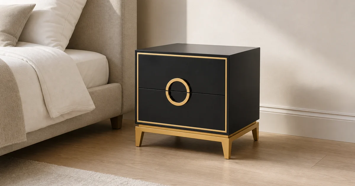 Table de chevet en bois noir à deux tiroirs, bordure dorée, socle surélevé et poignées en anneau près d’un lit