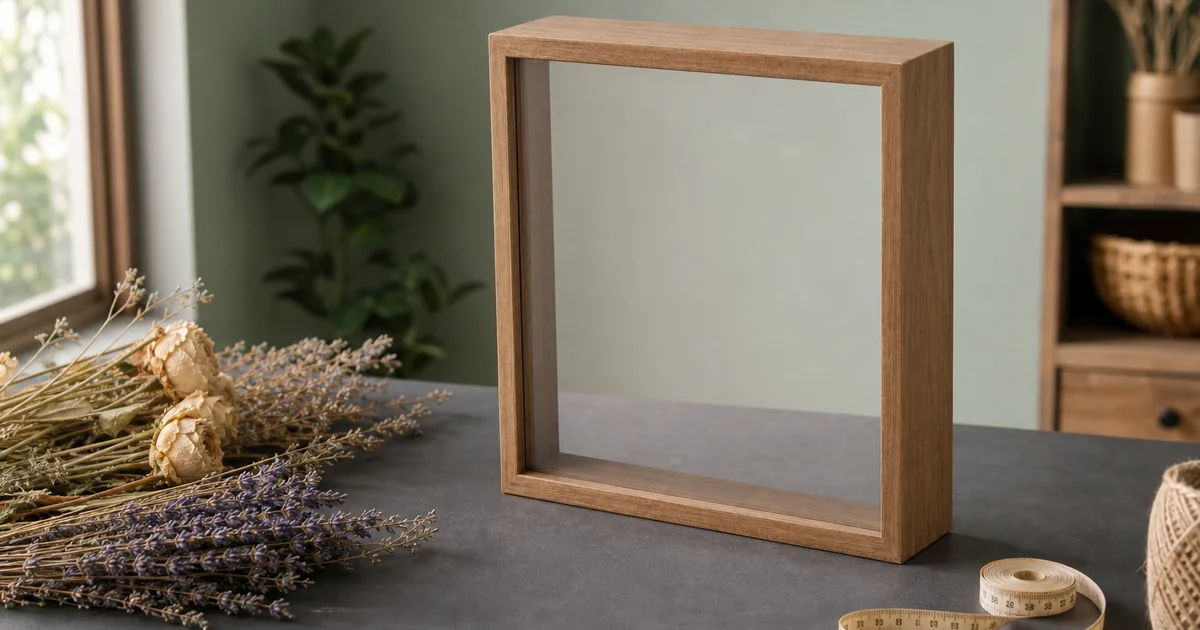 Wooden deep shadow box frame on a craft table beside loose dried flowers shown as styling props