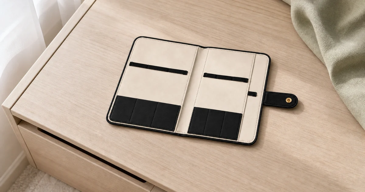 Empty 6-slot PU watch strap organizer opened on a pale wood desk with elastic holders visible