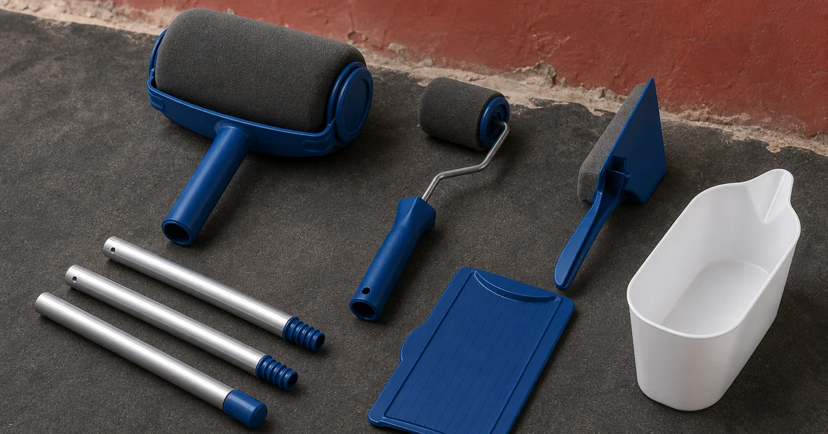 Kit azul de pintura de pared de ocho piezas con rodillo gris ancho en carcasa azul, rodillo estrecho para bordes, aplicador triangular para esquinas, bandeja, jarra vacía y tres tramos de pértiga separados