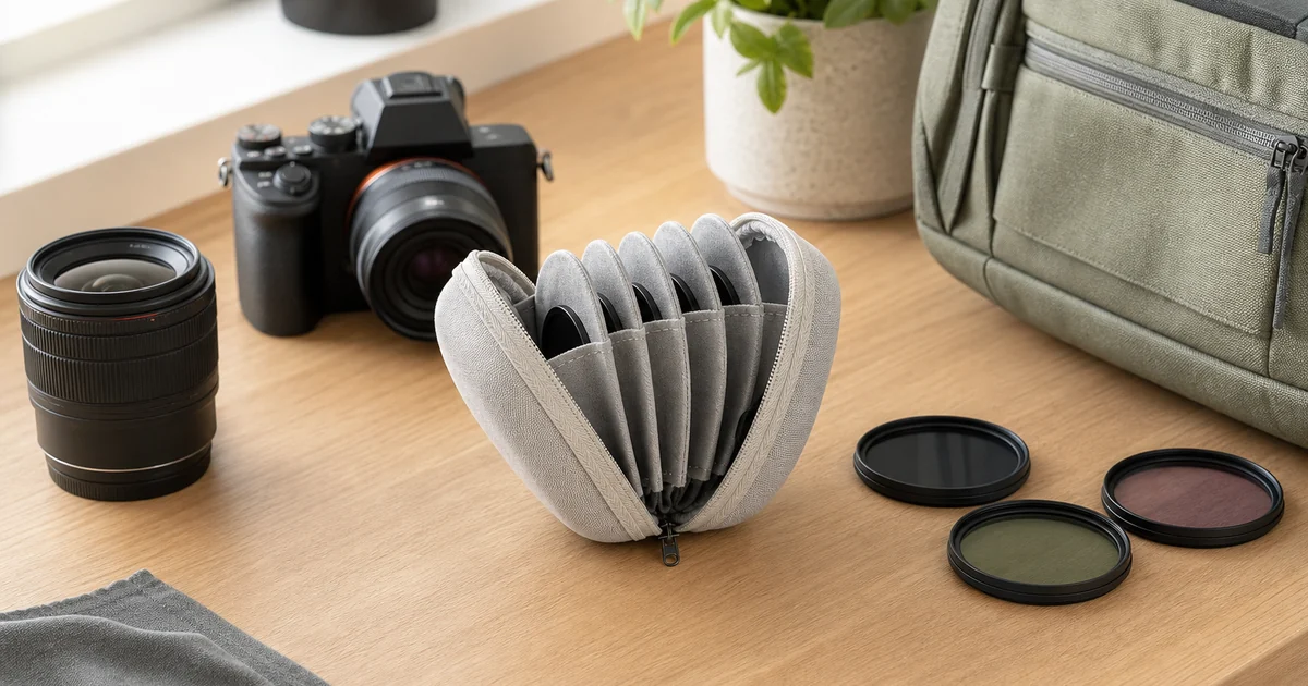 8-slot beige fabric lens filter pouch open on a photography desk with circular filters and camera gear