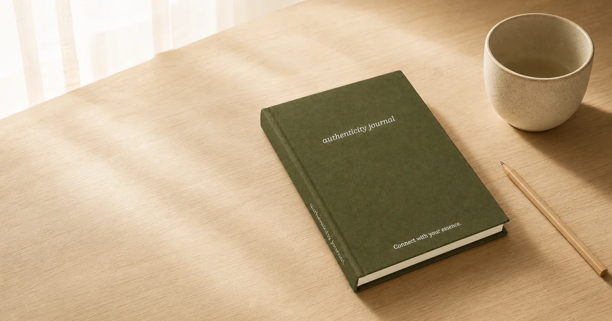 olivgruenes A5 Guided Journal mit Stoffcover auf einem ruhigen Schreibtisch