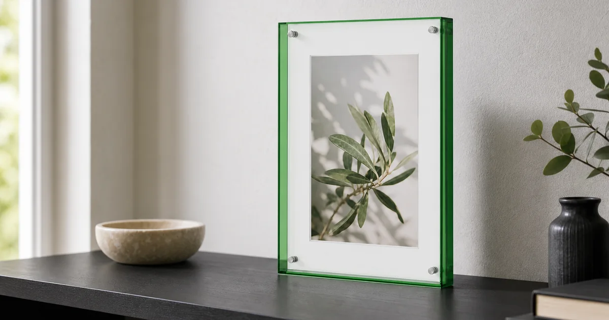 Moldura única de acrílico transparente com borda verde translúcida e quatro fixadores nos cantos, exibindo uma arte botânica sobre uma prateleira escura