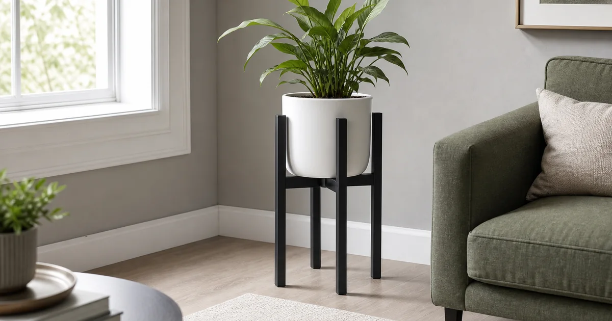 Soporte metálico negro ajustable con una maceta blanca en un salón