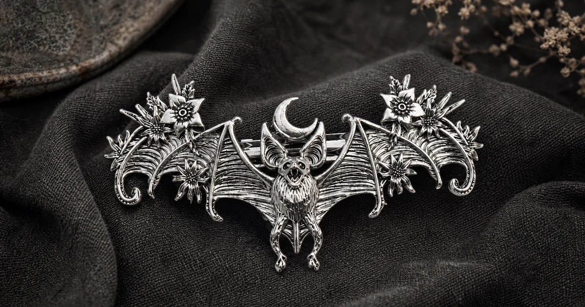 Un pasador decorativo de tono plata envejecida modelo 05 con murciélago bajo una luna creciente y detalles florales sobre tela oscura