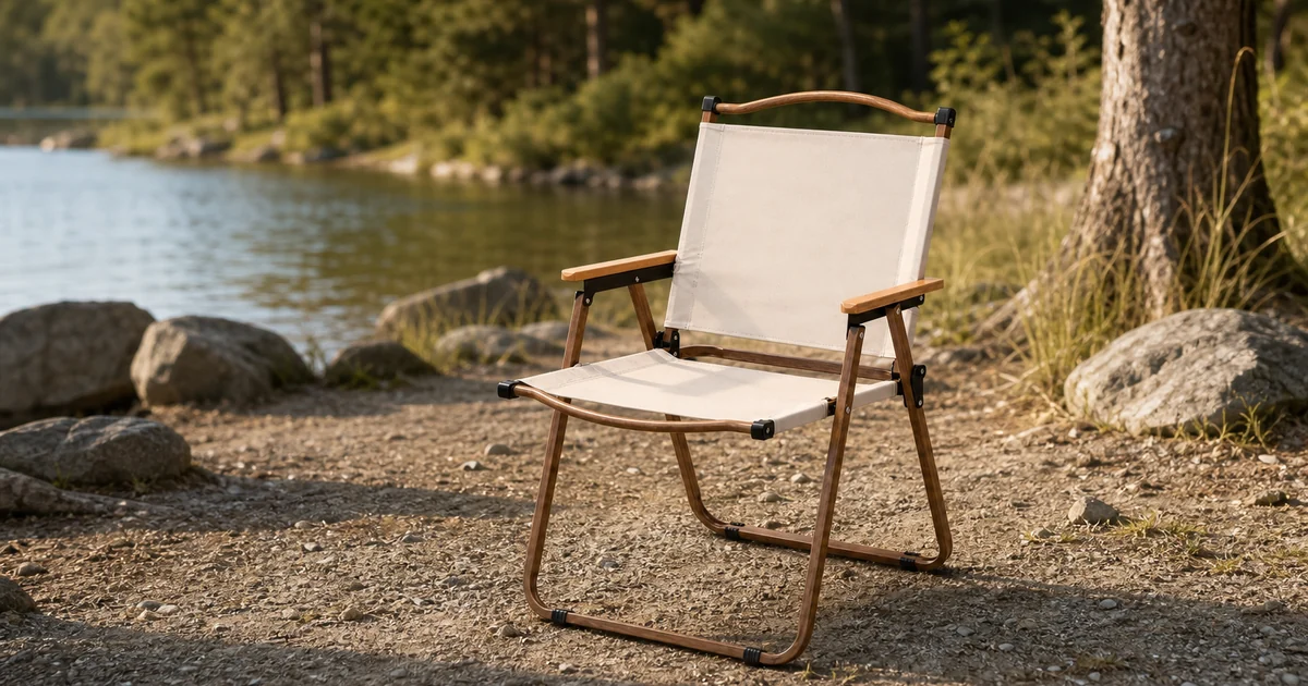 Beige folding camping chair with Oxford fabric, wooden armrests and wood-look aluminum frame