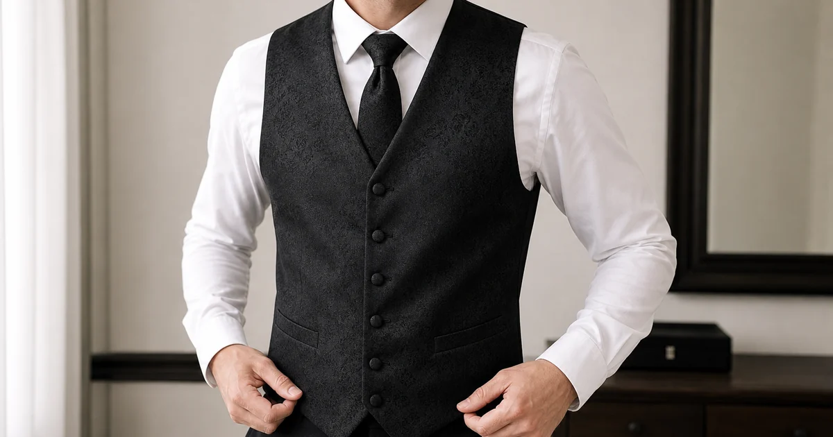 Homme adulte vérifiant la coupe d’un gilet noir en jacquard floral avec cravate assortie sur une chemise blanche