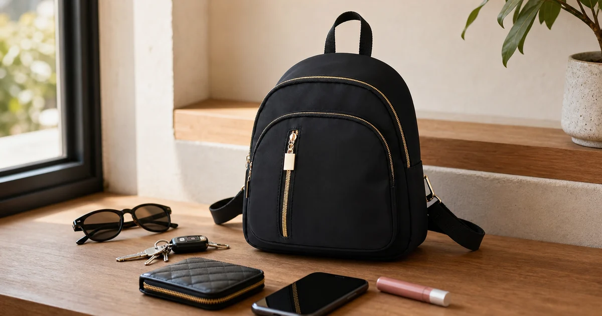 Mini zaino nero in nylon con tasche zip dorate e oggetti essenziali quotidiani