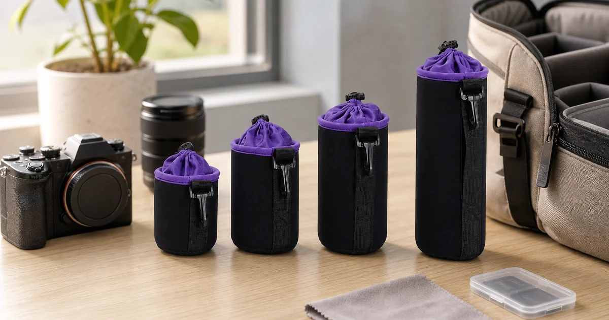 Four black and purple drawstring camera lens pouches arranged with a camera bag and lens on a clean packing desk