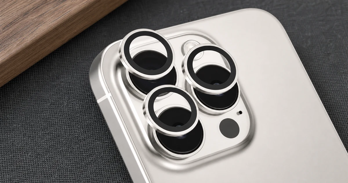 Camera lens protector rings shown with a phone camera area for model and placement checks
