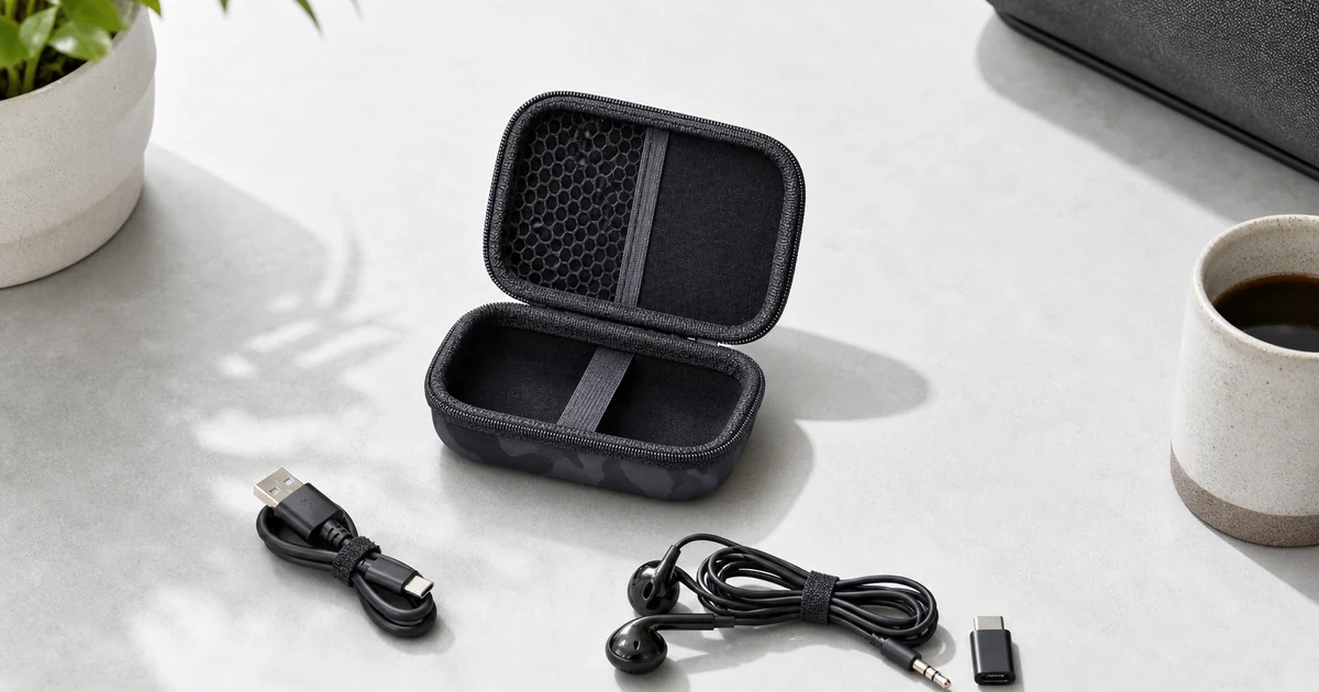 Geoeffnetes Camouflage Reise Kabel Organizer Etui mit Netzfach, Elastikband und kleinen Kabeln