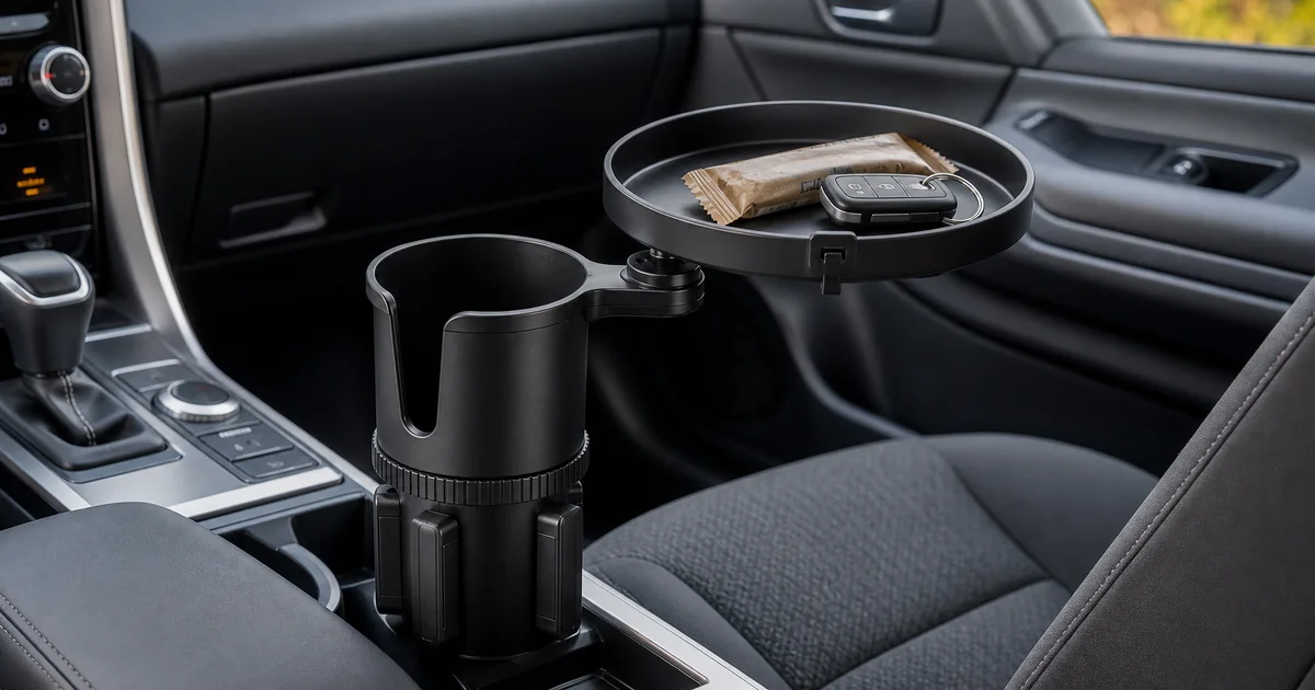 Black adjustable car cup holder tray installed in a parked vehicle center console with keys and a wrapped snack