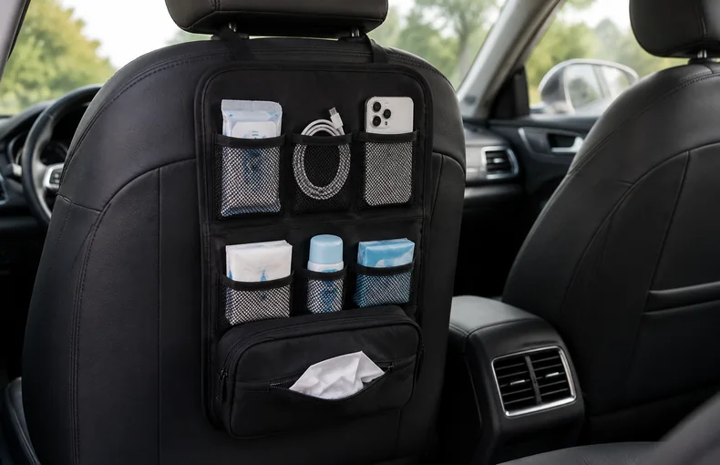 Guia organizador de banco do carro com bolsos em tela guide image