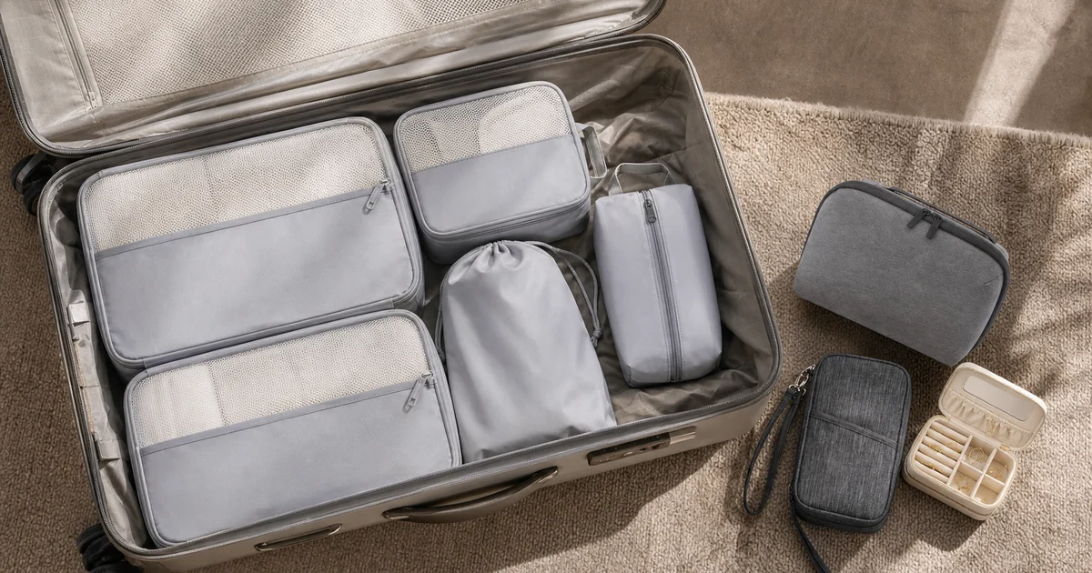 Equipaje de mano abierto organizado con cubos, bolsa tecnológica, cartera de pasaporte y joyero