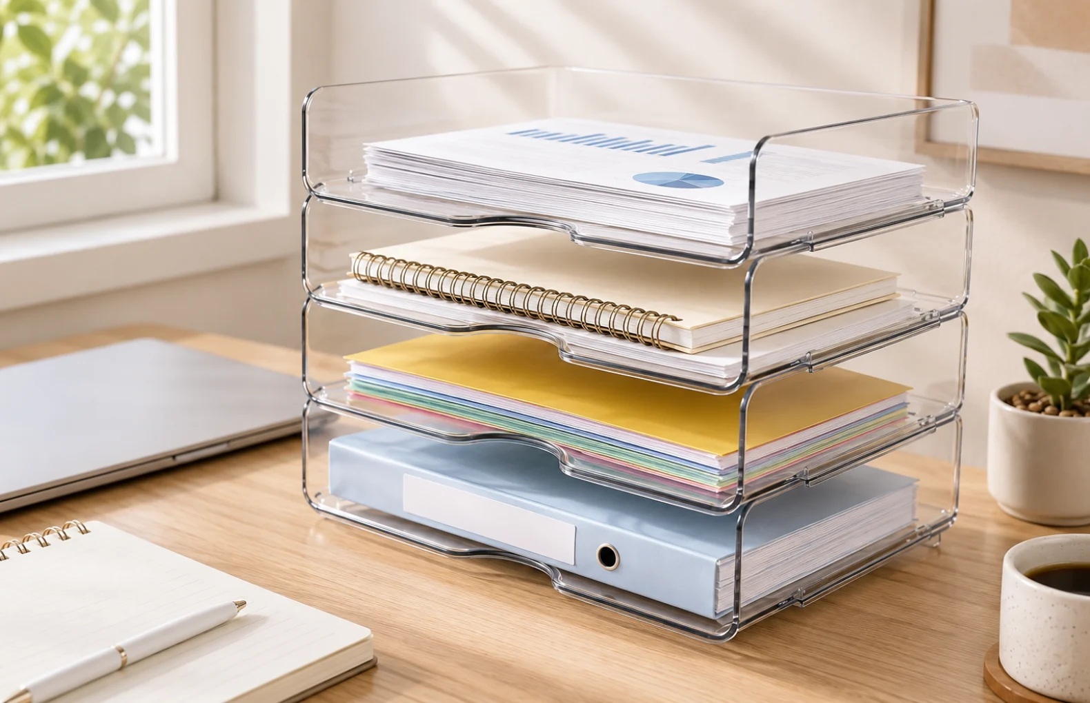 Organizador transparente de mesa com 4 niveis para papeis e correspondencias guide image