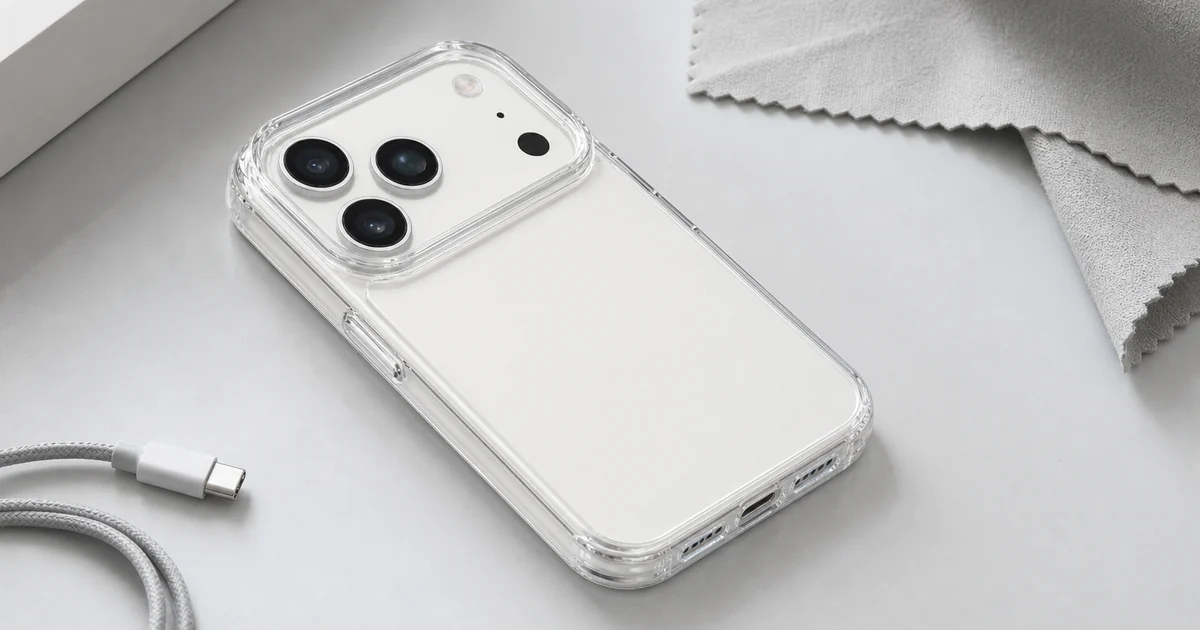 Clear transparent phone case with TPU edges and raised camera rim on a clean desk