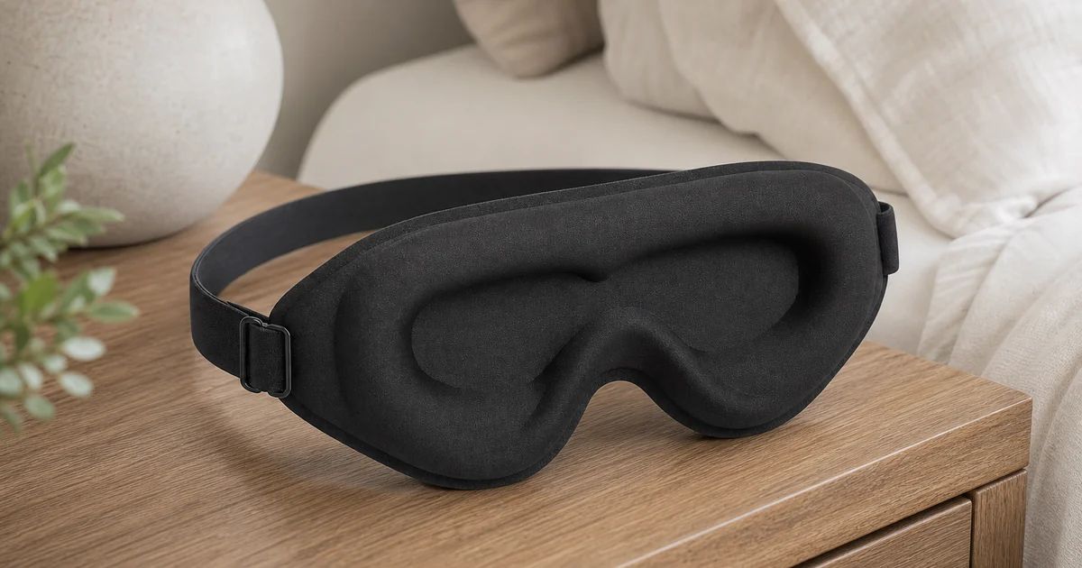 Antifaz memory foam contorneado con copas hundidas puente nasal correa elastica ajustable y deslizador