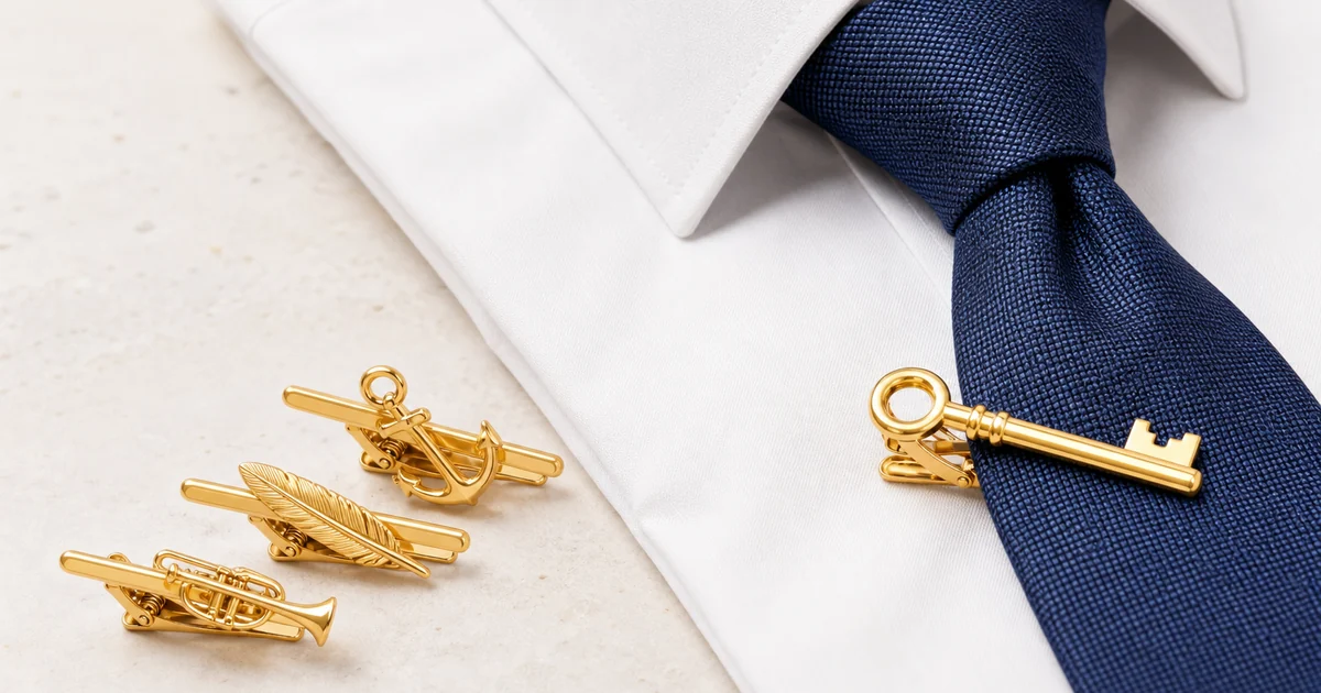 Decorative metal tie clips with motif fronts styled beside a shirt collar and tie