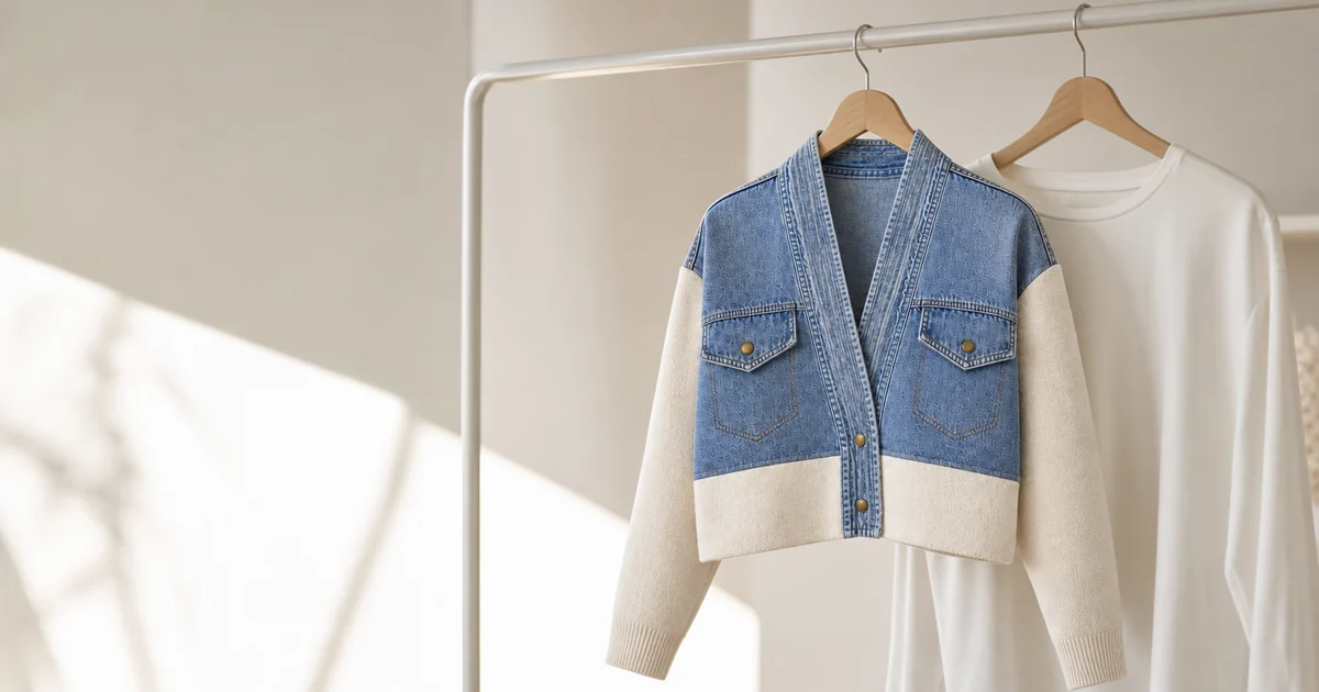 Jaqueta cardigan denim patchwork com corpo azul lavado mangas contrastantes decote V botoes e bolsos