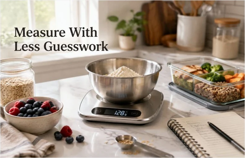 Báscula digital de cocina para repostería, meal prep y cocinas pequeñas guide image