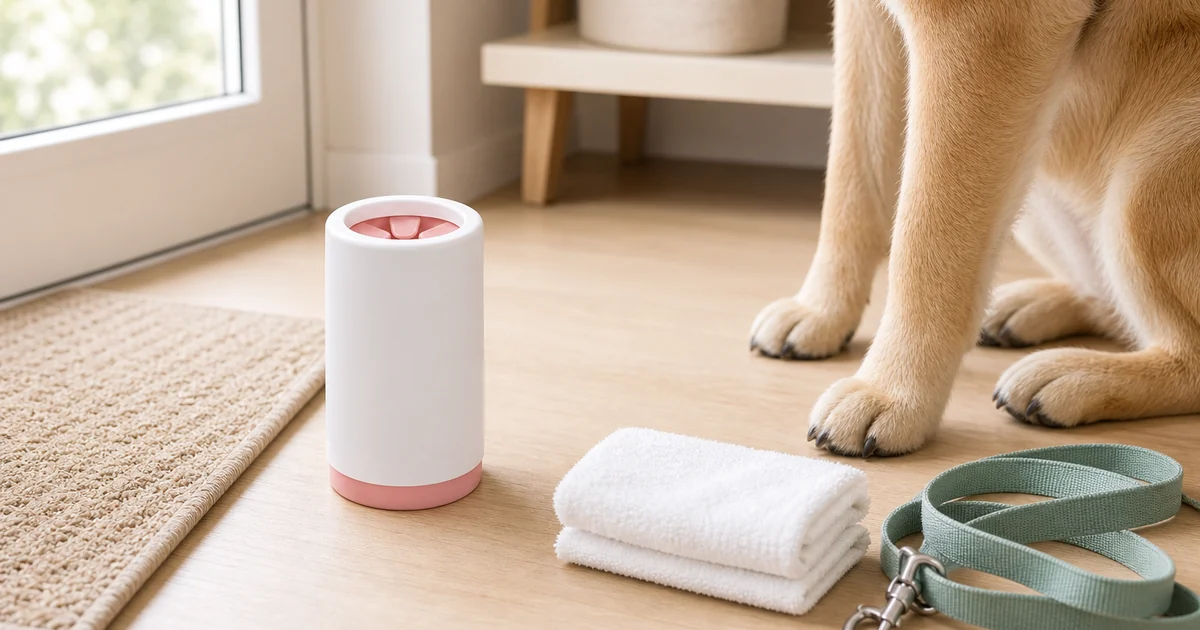 Gobelet blanc et rose pour nettoyer les pattes près d’une serviette à l’entrée
