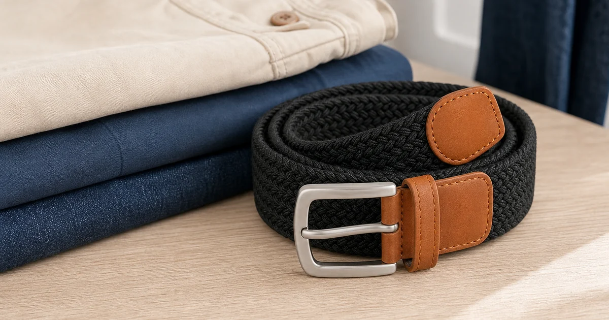 Elastischer Flechtguertel mit braunem PU Besatz und silberfarbener Dornschliesse an Casual Hose