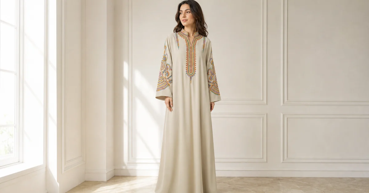 Robe abaya longue fermée devant, avec col montant, petite ouverture en V, broderie multicolore sur la poitrine et manches évasées brodées