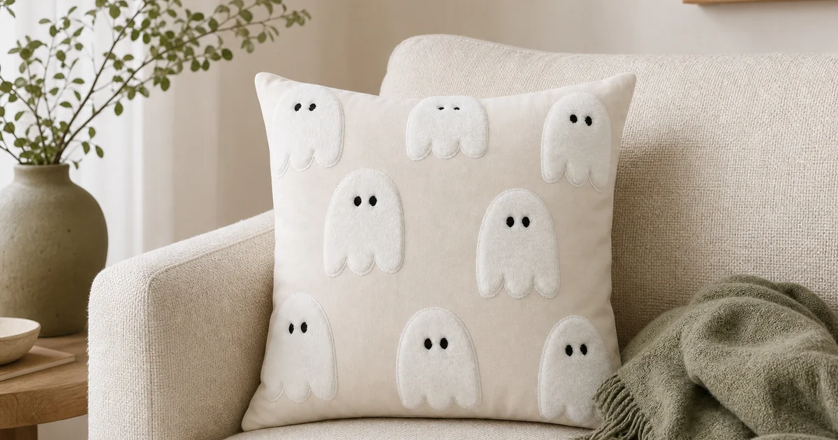 Funda de cojín cuadrada color crema con motivos bordados de fantasmas blancos, como ejemplo de diseño