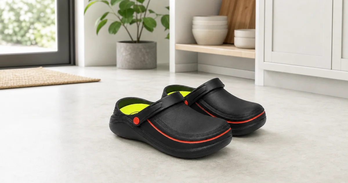 Clogs EVA pretos com pivô vermelho, bico fechado e palmilha verde lima
