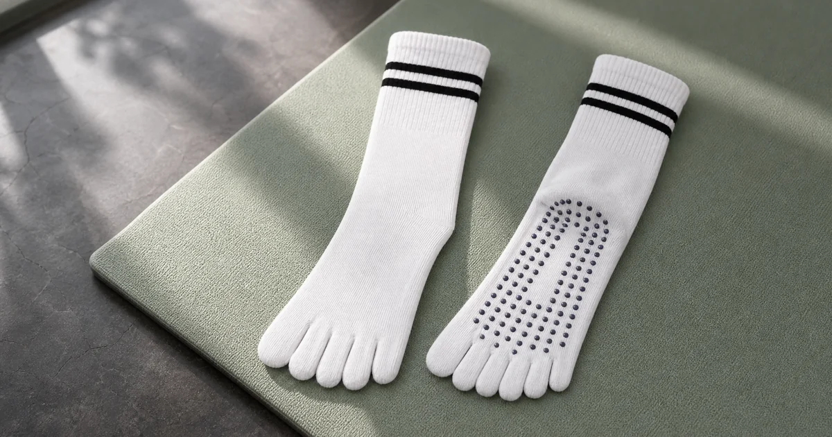Un par de calcetines blancos de cinco dedos sobre una esterilla, con dos rayas negras y puntos visibles bajo una suela