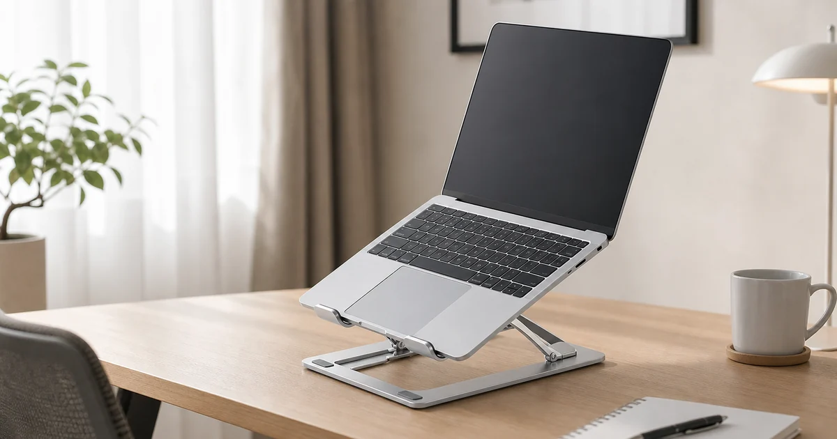Foldable aluminum laptop stand opened on a clean desk with a laptop, front hooks and gray silicone pads visible