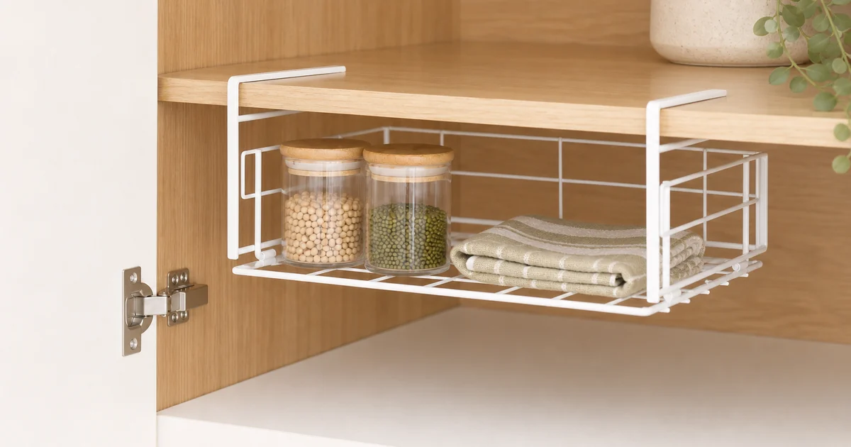 White foldable under-shelf wire basket installed below a wood kitchen cabinet shelf with jars and folded cloth