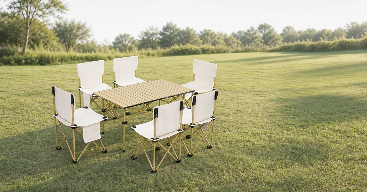 folding camping table with six cream folding chairs arranged for outdoor seating