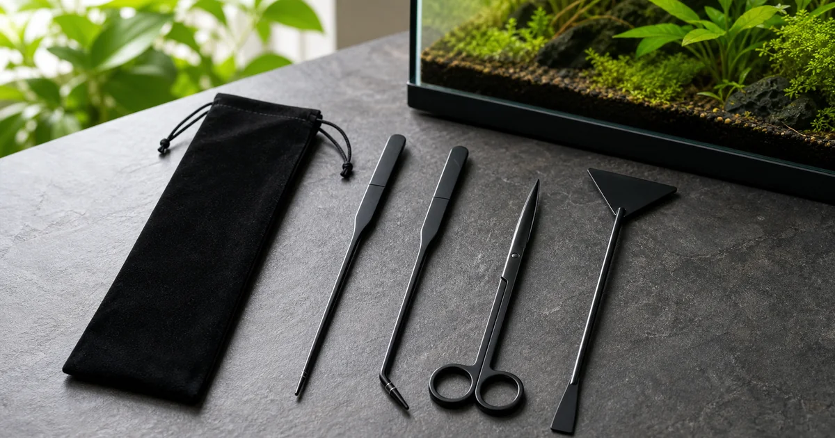 Quatro ferramentas pretas de aquascaping e uma bolsa com cordão ao lado de um aquário plantado