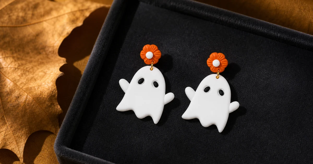 Un par de aretes colgantes de fantasmas blancos con flores naranjas y uniones doradas sobre una bandeja de terciopelo oscuro