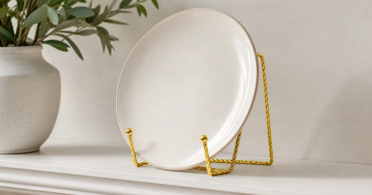 Soporte dorado de alambre retorcido para un plato liso, con los ganchos delanteros visibles